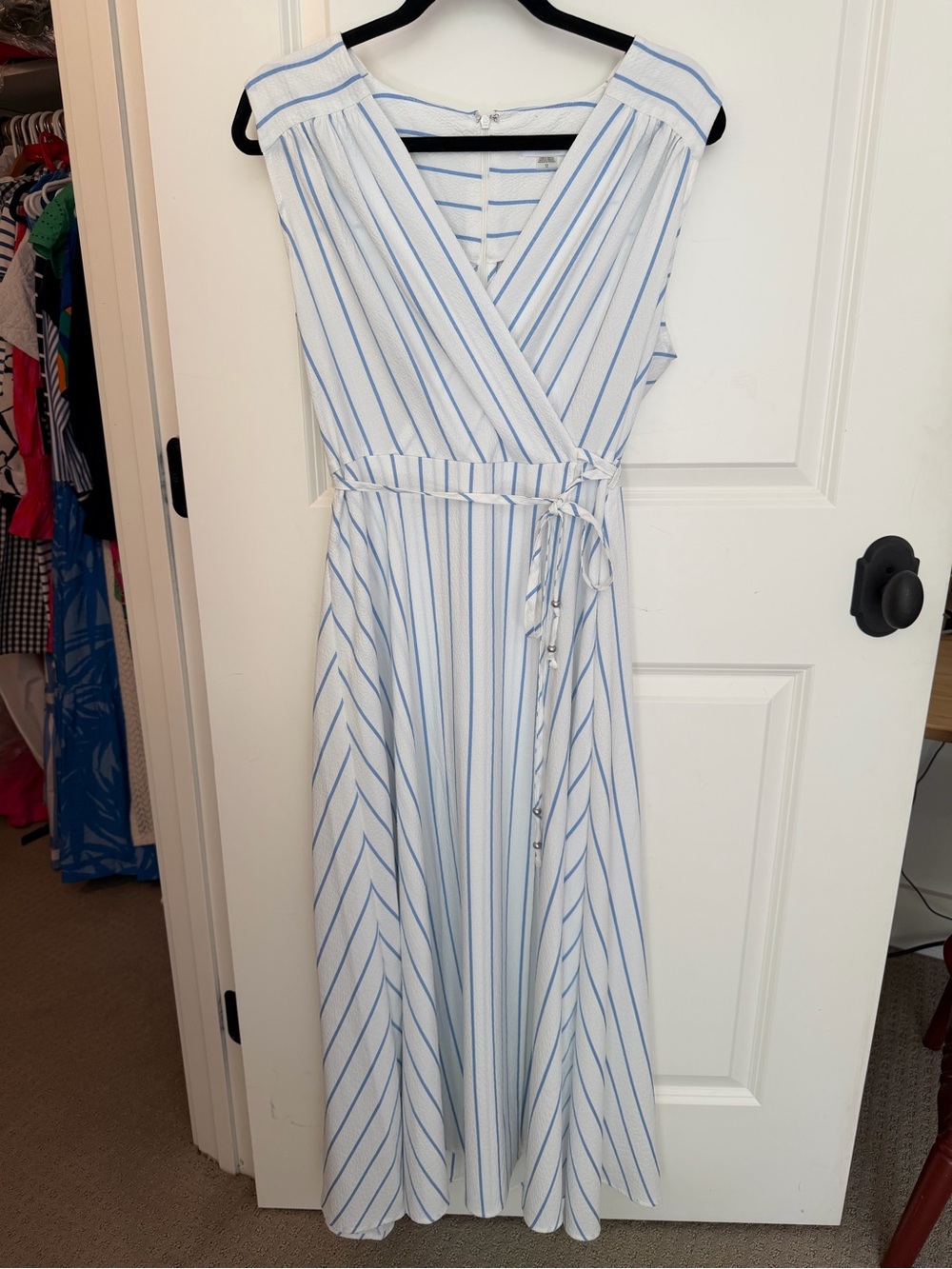 Calvin Klein Sleeveless Blue & White Striped Wrap Maxi Dress, Size 12